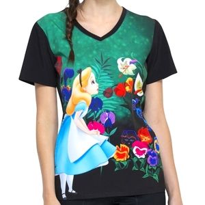 Women's Cherokee Tooniforms Disney Wonderland Alice V-Neck 1-Pocket Prin…